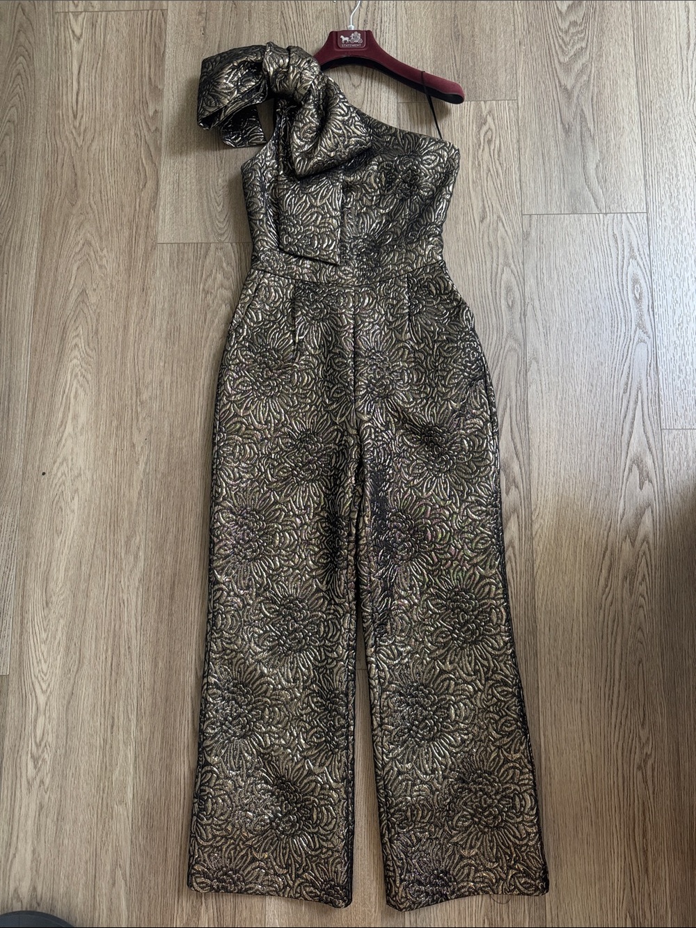 One-Shoulder Floral Brocade Jumpsuit in Gold and Black